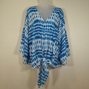 Unknown Womans V Neck Tie Front Blue /White Patterned Loose Fit Sheer Shirt 2XL